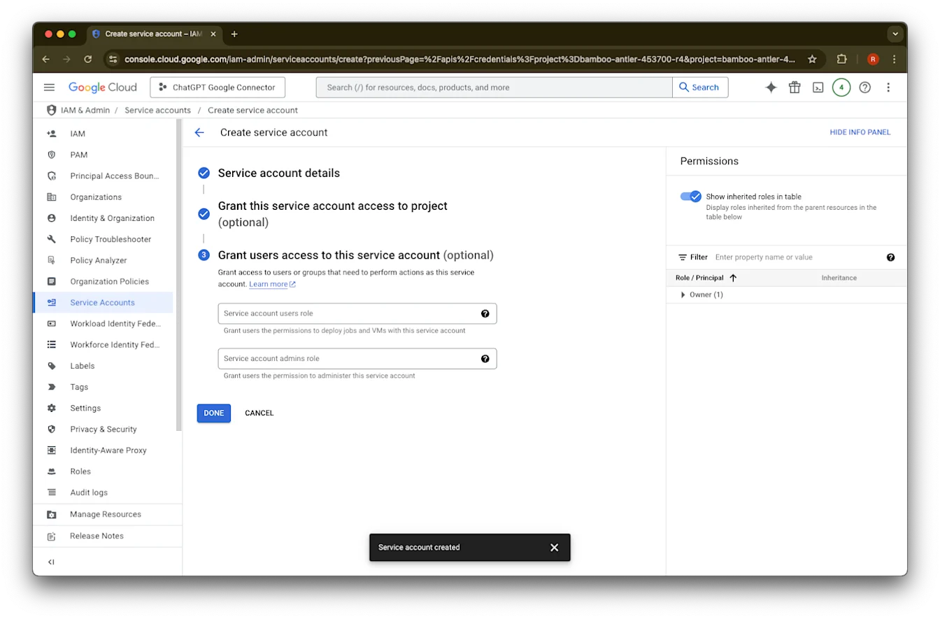 Google Cloud Create service account step 3 with Done button and Service account created confirmation