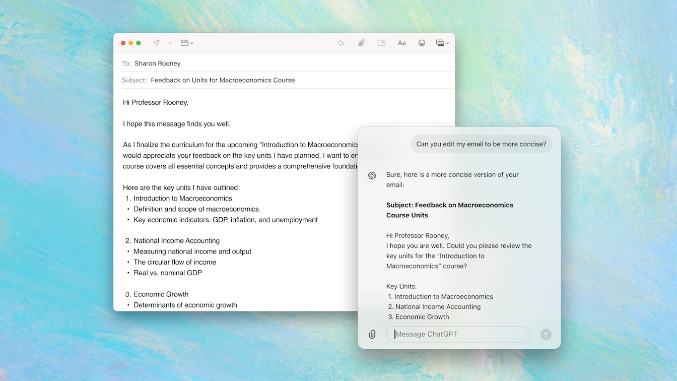 ChatGPT macOS companion window rewriting an email draft into a more concise version beside the Mail compose window