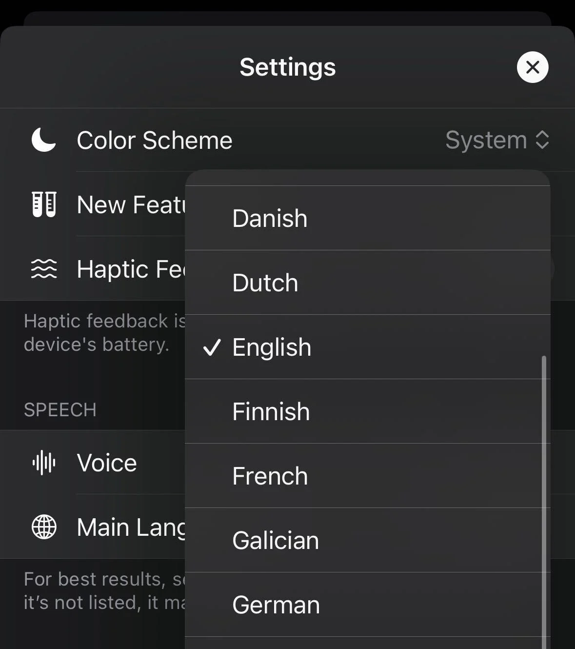 ChatGPT Settings with Main Language menu open and English selected for voice input