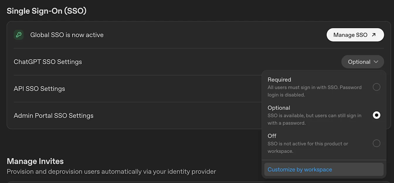 Global Admin Console Single Sign-On settings with ChatGPT SSO set to Optional