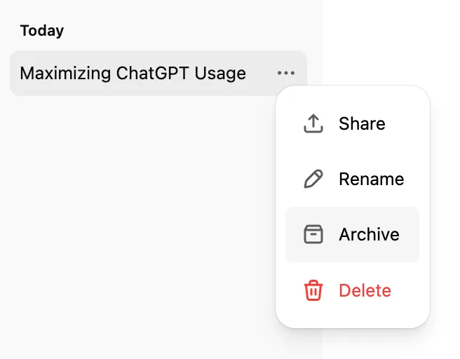ChatGPT chat options menu with Archive selected for a conversation
