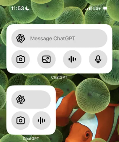 iPhone ChatGPT widget with Message ChatGPT plus camera, photo, voice, and microphone shortcuts