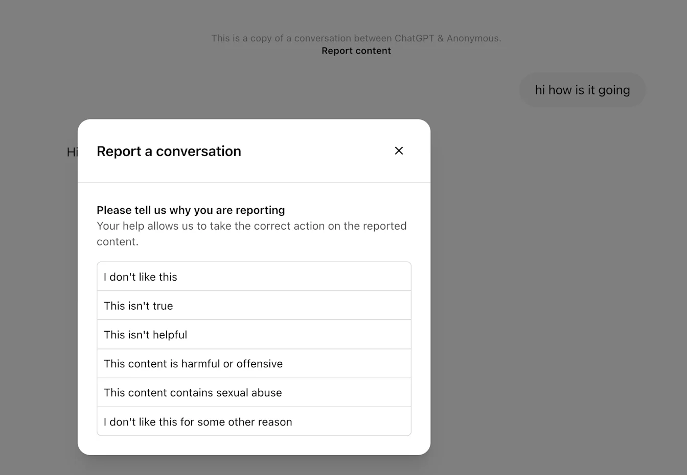 Shared link report dialog with reasons including harmful or offensive and sexual abuse
