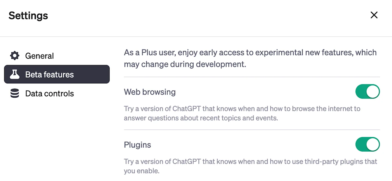 ChatGPT Settings with Beta features selected and Web browsing and Plugins toggled on