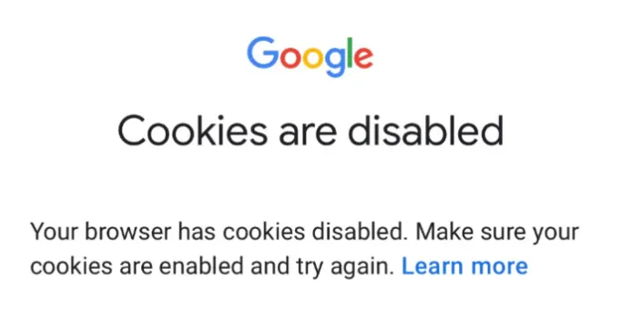 Google sign-in error message stating Cookies are disabled