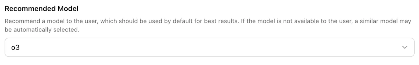 Recommended Model setting with o3 selected as the default model