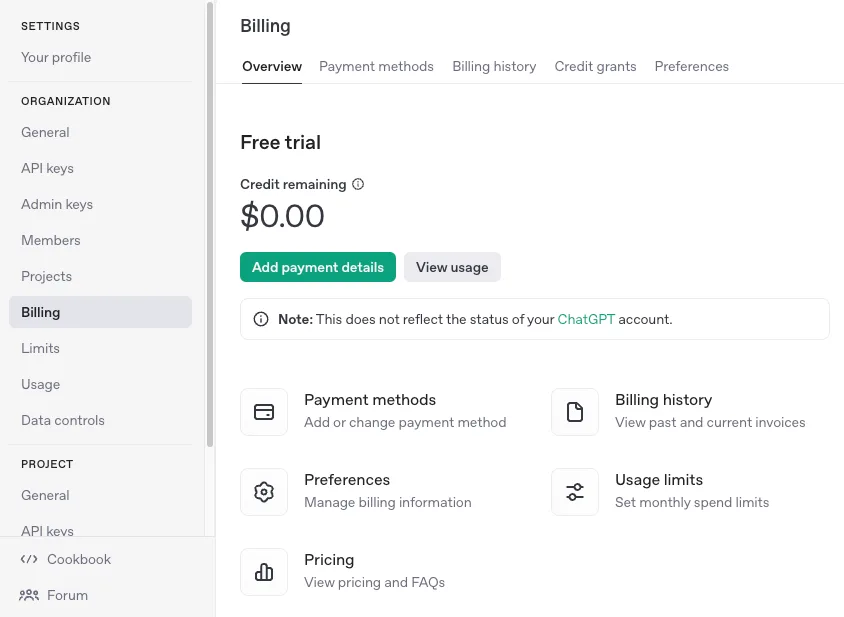 Billing Overview page with Add payment details button under Free trial credit remaining $0.00