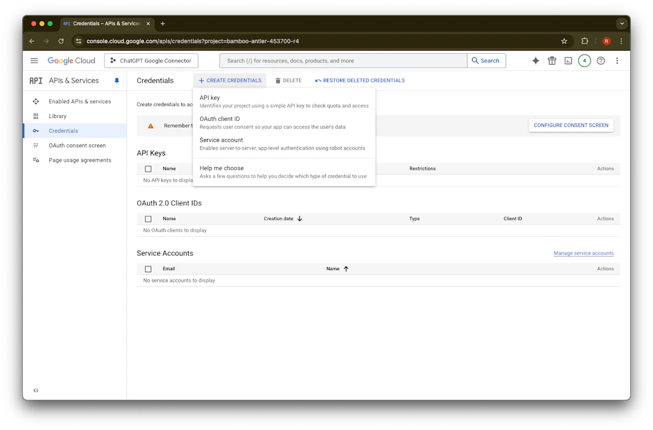 Google Cloud Credentials page with Create credentials menu open for API key, OAuth client ID, or service account