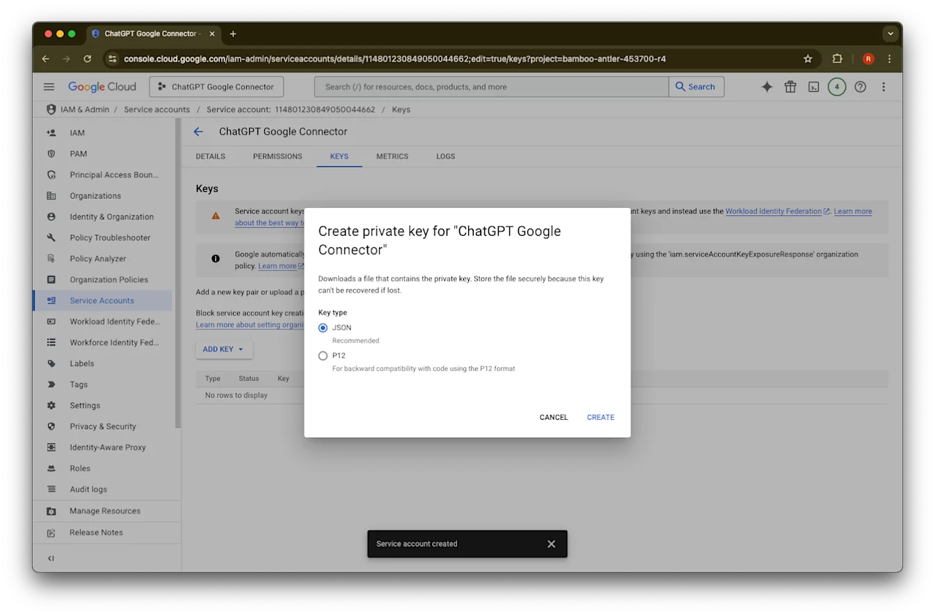 Create private key dialog for ChatGPT Google Connector with JSON key type selected