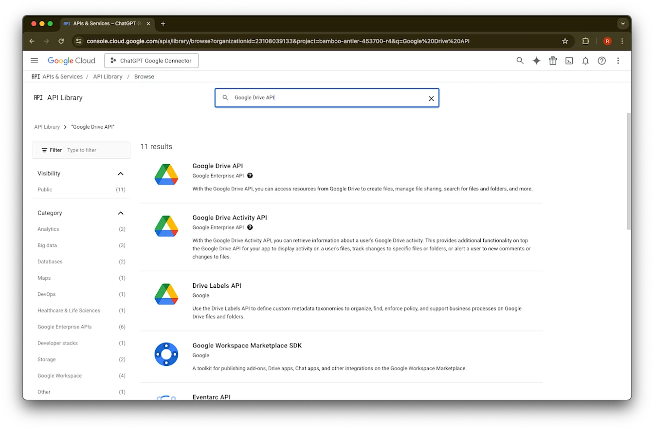 Google Cloud API Library search results for Google Drive API in the ChatGPT Google Connector project