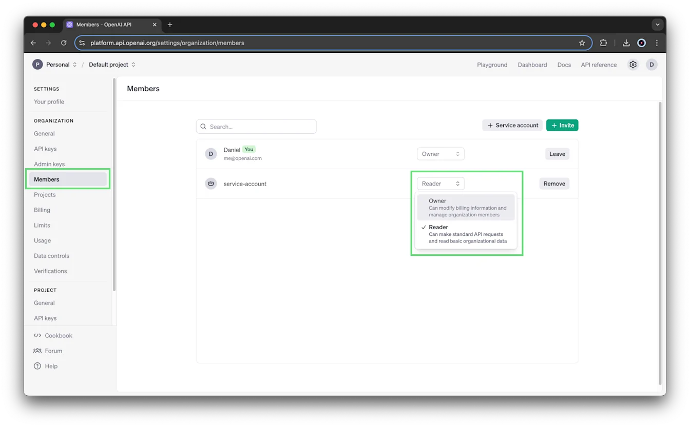OpenAI API Members settings with a service account role menu open for Reader or Owner