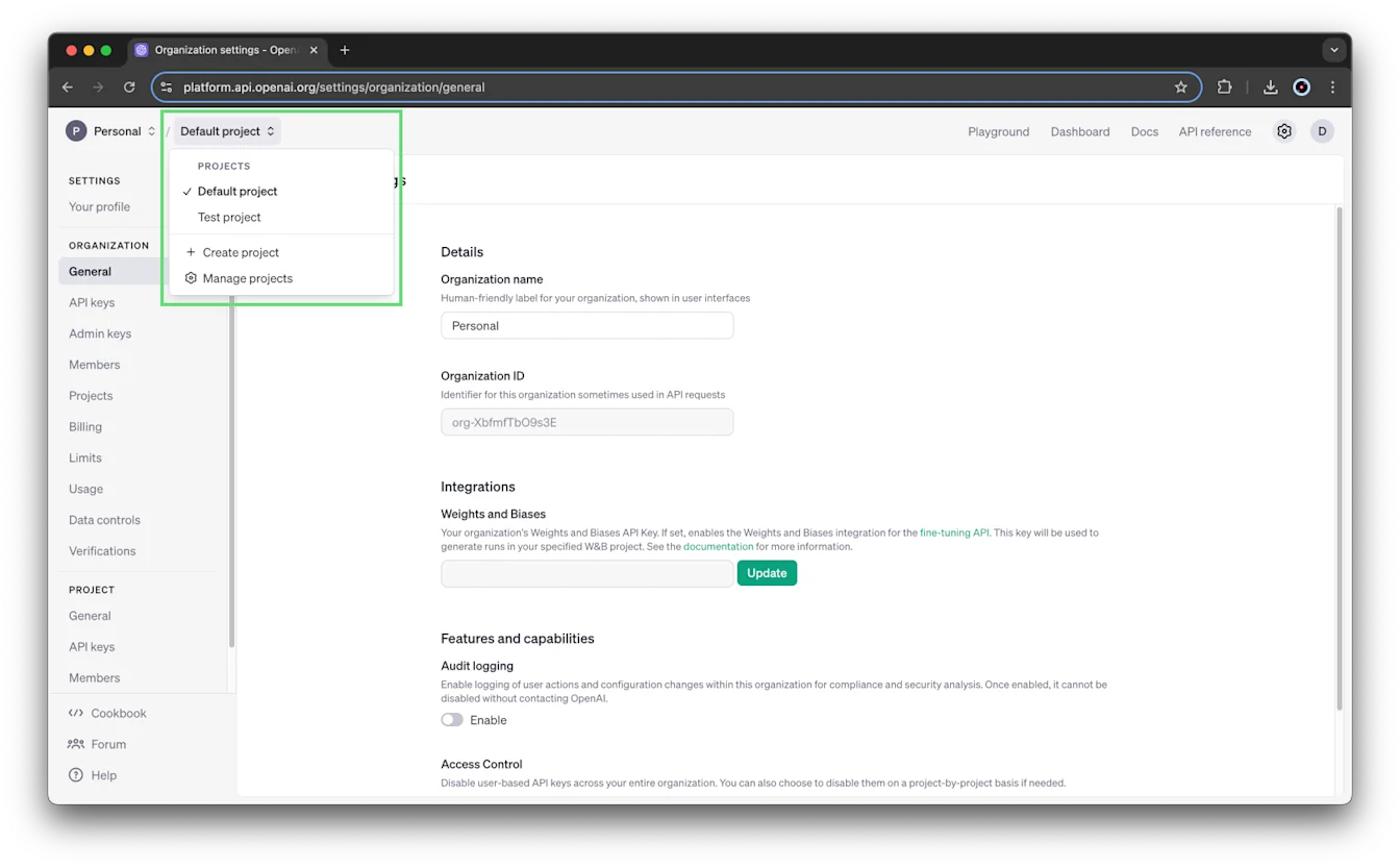 API platform project switcher open with options to create a project or manage projects