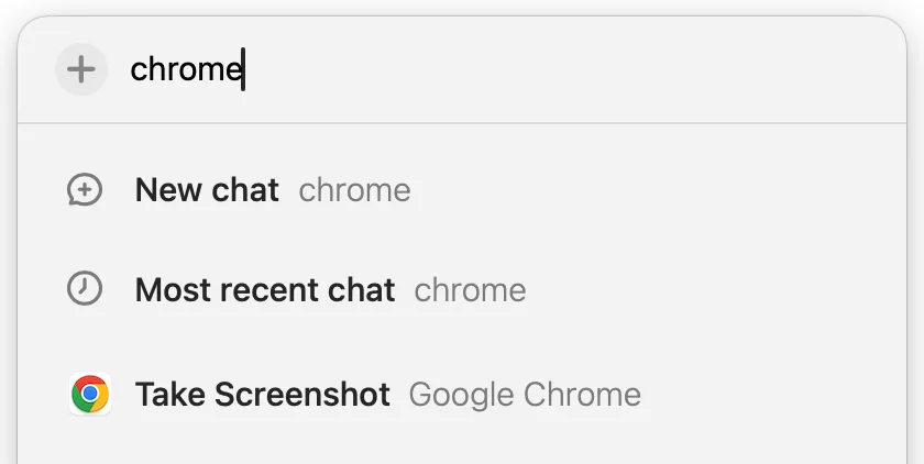 ChatGPT macOS app search with Chrome typed and Take Screenshot for Google Chrome available