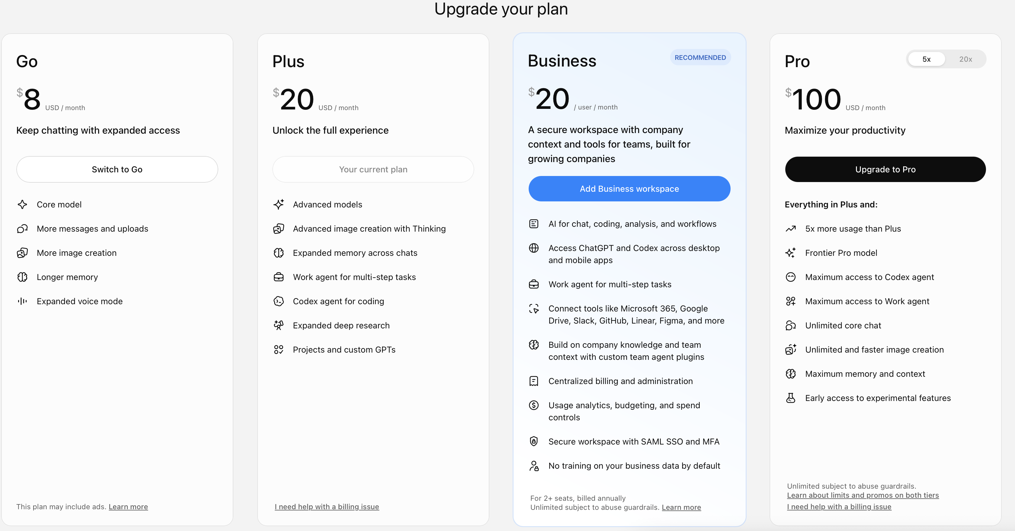 ChatGPT pricing page with Personal and Business plans and the $20/month Business option highlighted for upgrade
