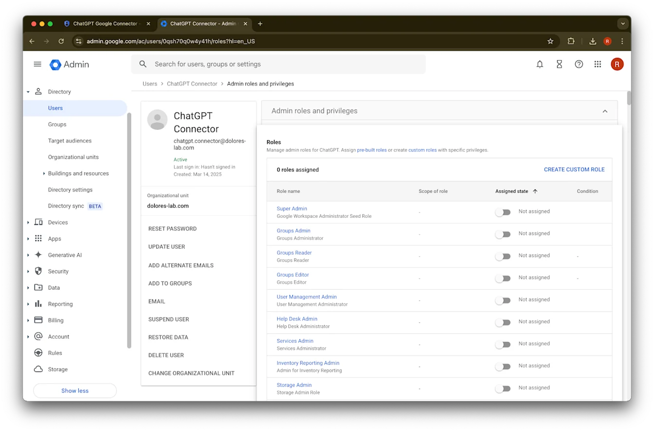 Google Admin ChatGPT Connector user page with Admin roles and privileges open and no roles assigned