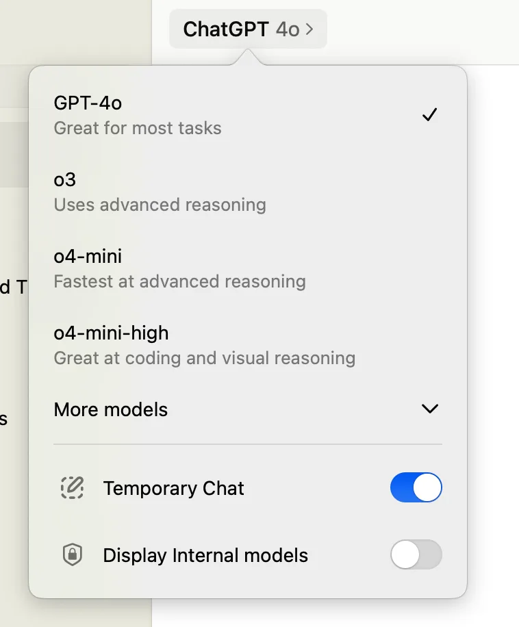 ChatGPT macOS model menu with Temporary Chat turned on