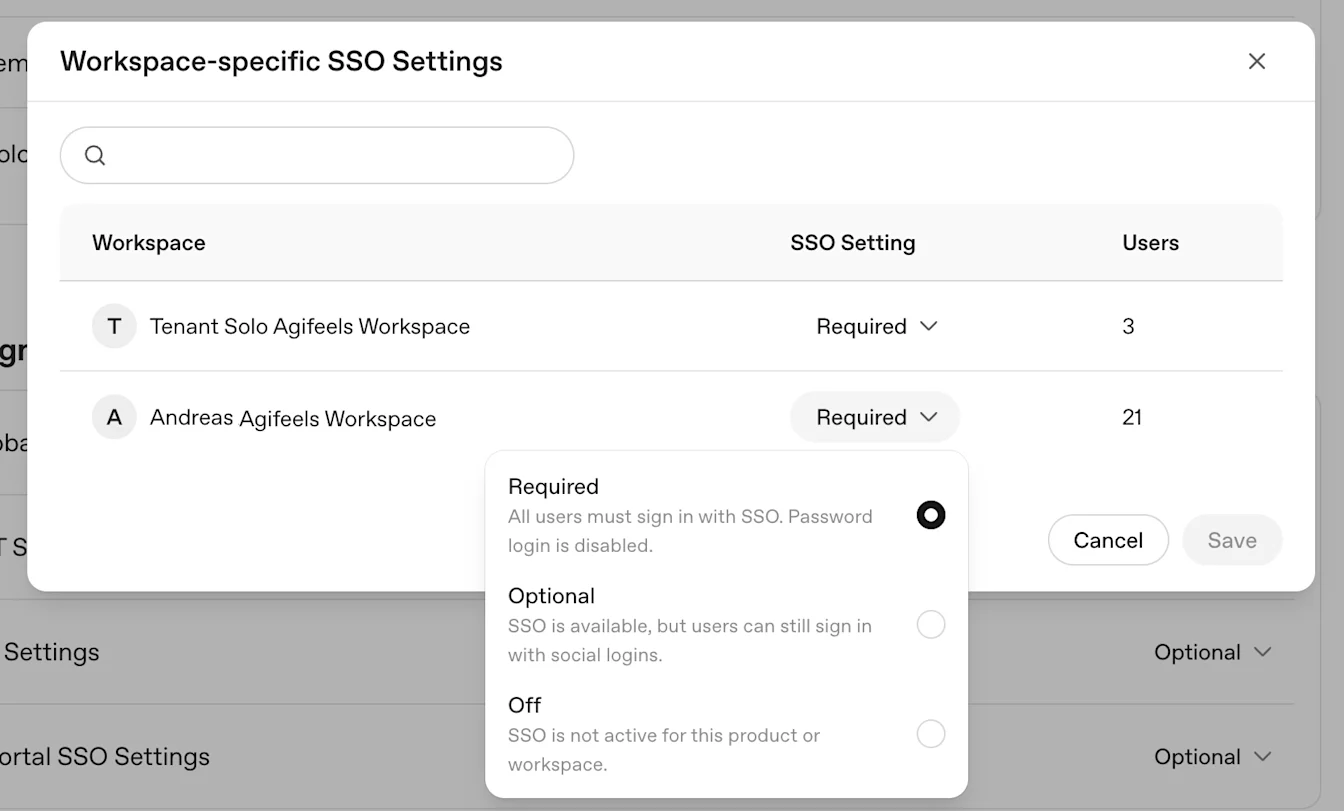 Workspace-specific SSO Settings dialog with Required selected and a menu of Required, Optional, and Off
