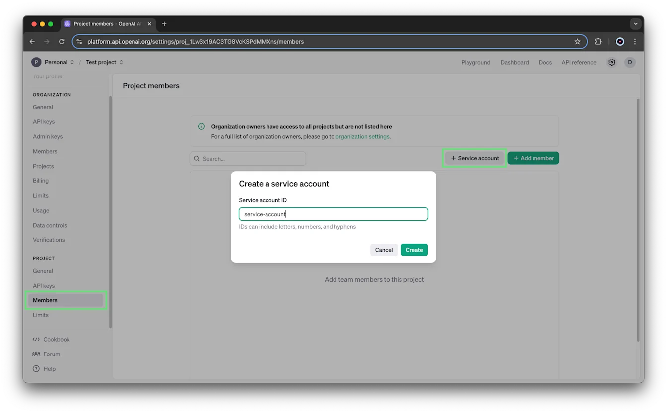 Project Members page with Create a service account dialog after selecting the Service account option