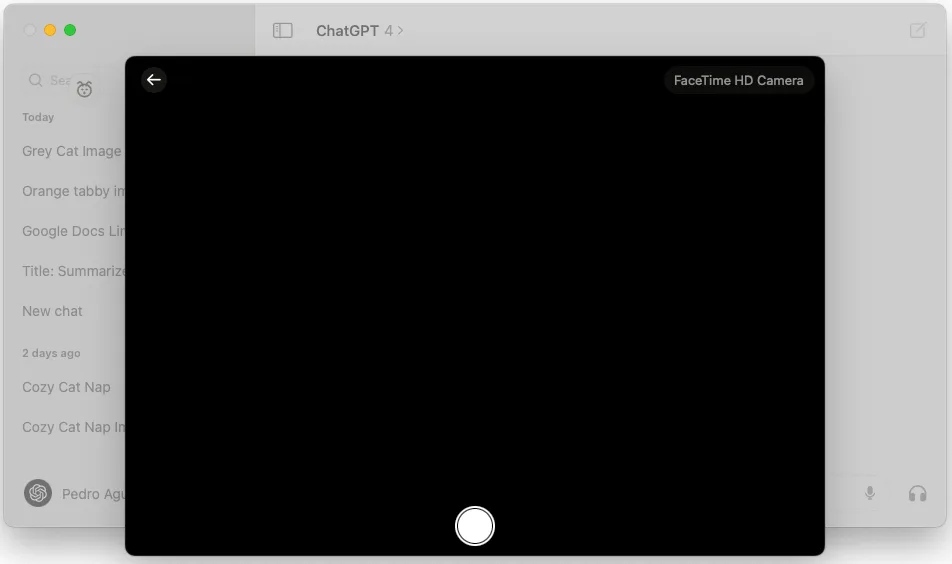 ChatGPT macOS app camera capture view for taking a photo upload