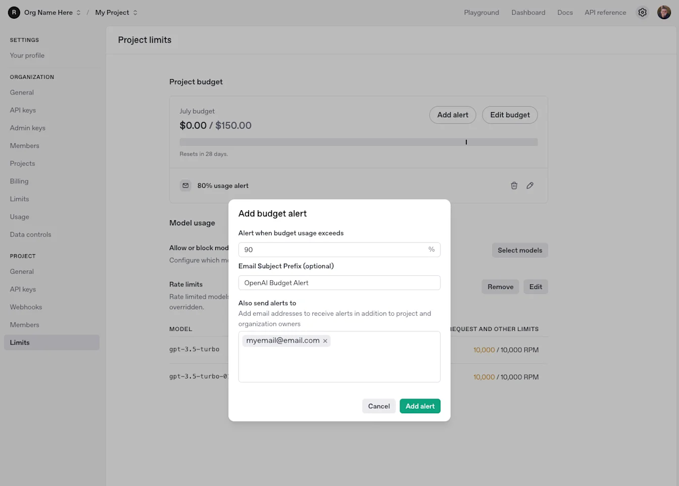 Project Limits page with Add budget alert dialog set to notify at 90% budget usage