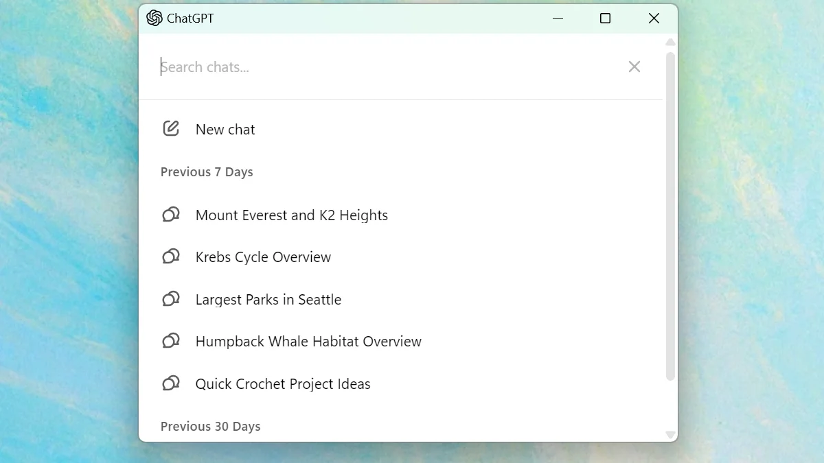 ChatGPT Windows app chat history with search bar and recent conversations grouped by date