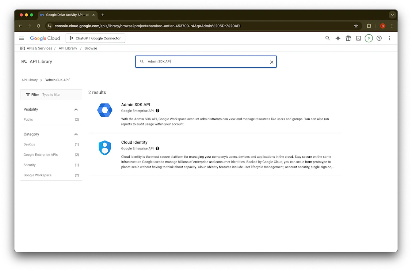 Google Cloud API Library search results for Admin SDK API with Admin SDK API listed