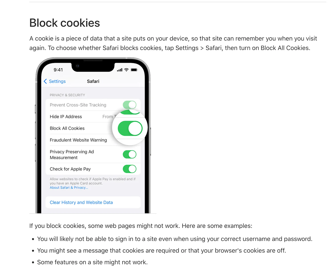 iPhone Safari settings with Block All Cookies enabled