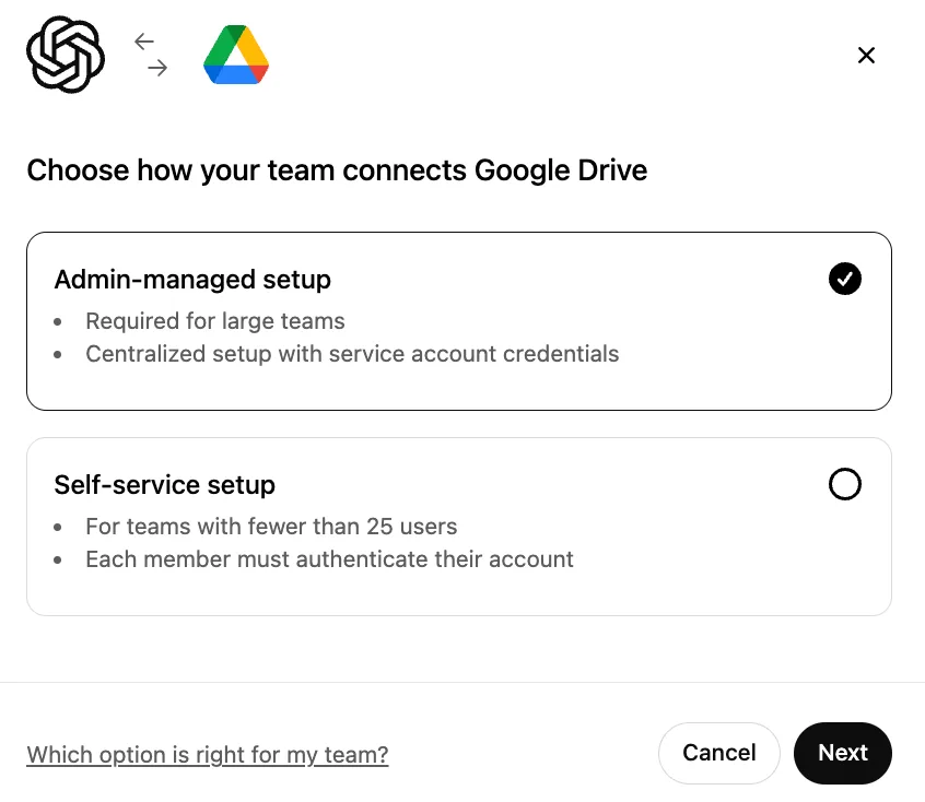 Google Drive connection setup with Admin-managed setup selected over Self-service setup