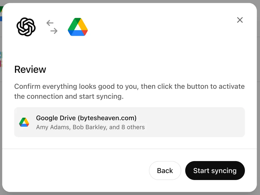Review step for connecting Google Drive in ChatGPT with a Start syncing button