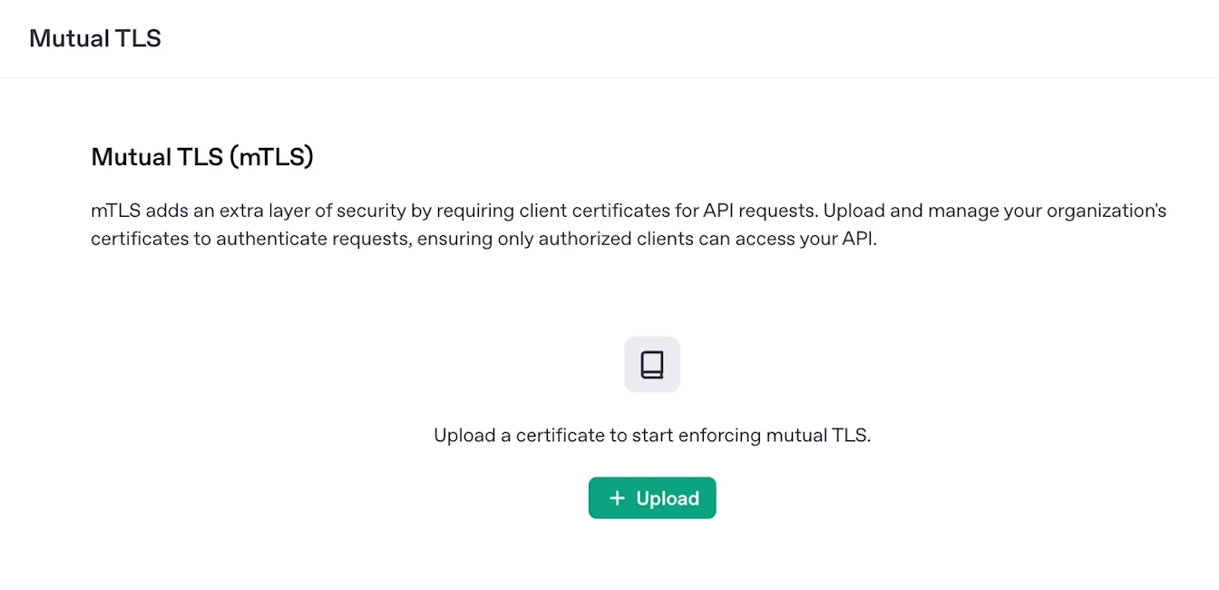 Mutual TLS settings page prompting the user to upload a client certificate to enable mTLS