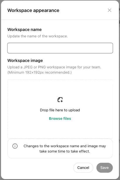 Workspace appearance dialog with fields to edit the workspace name and upload a workspace image