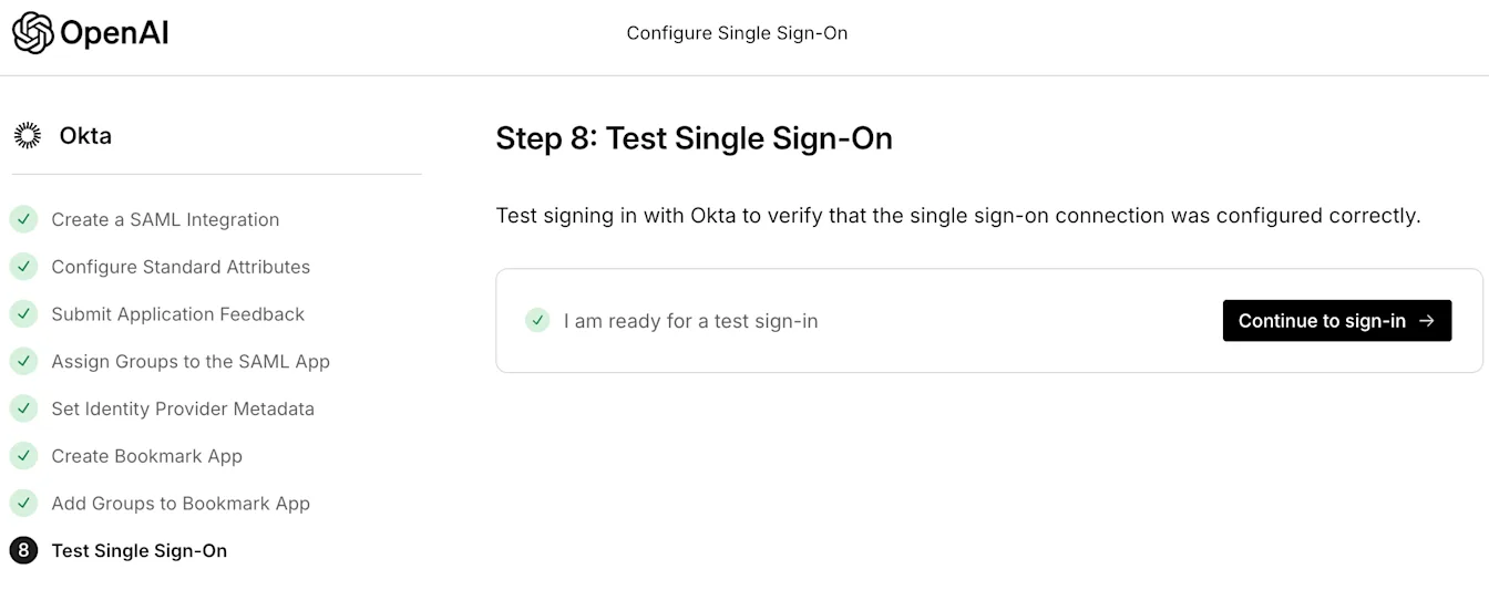 OpenAI Configure Single Sign-On Step 8 with Continue to sign-in button for testing Okta SSO
