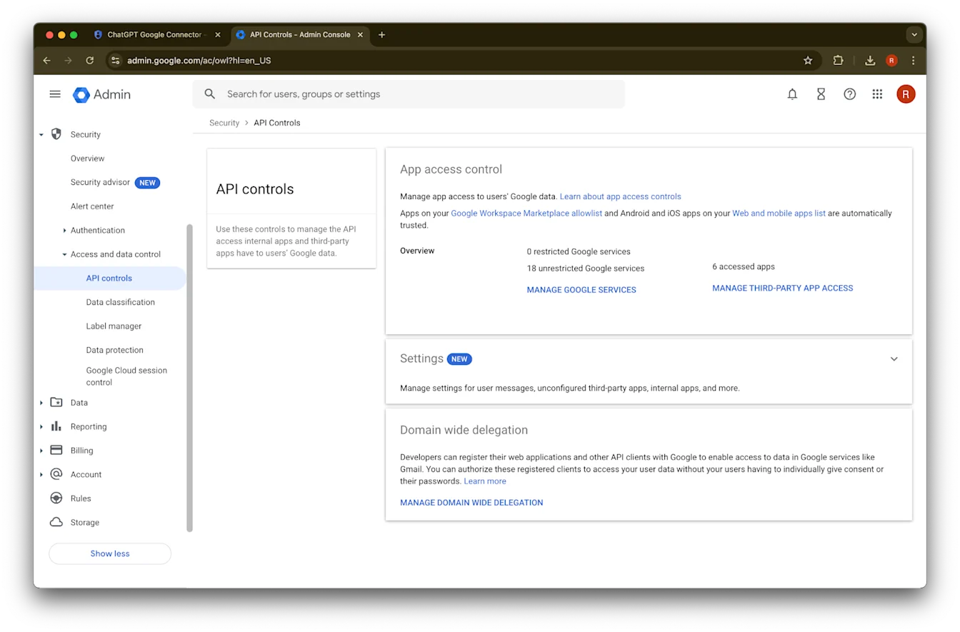 Google Admin console API controls page under Security > Access and data control