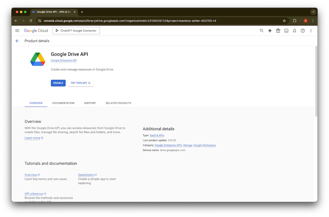 Google Cloud Console Google Drive API page with the Enable button for the ChatGPT Google Connector project