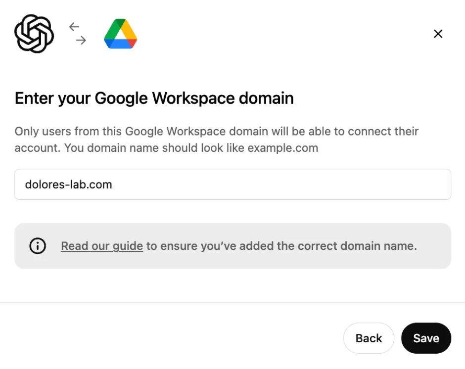 Google Drive setup step to enter a Google Workspace domain, with dolores-lab.com filled in