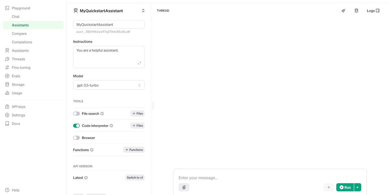 Playground Assistants view editing MyQuickstartAssistant with gpt-3.5-turbo and Code interpreter enabled