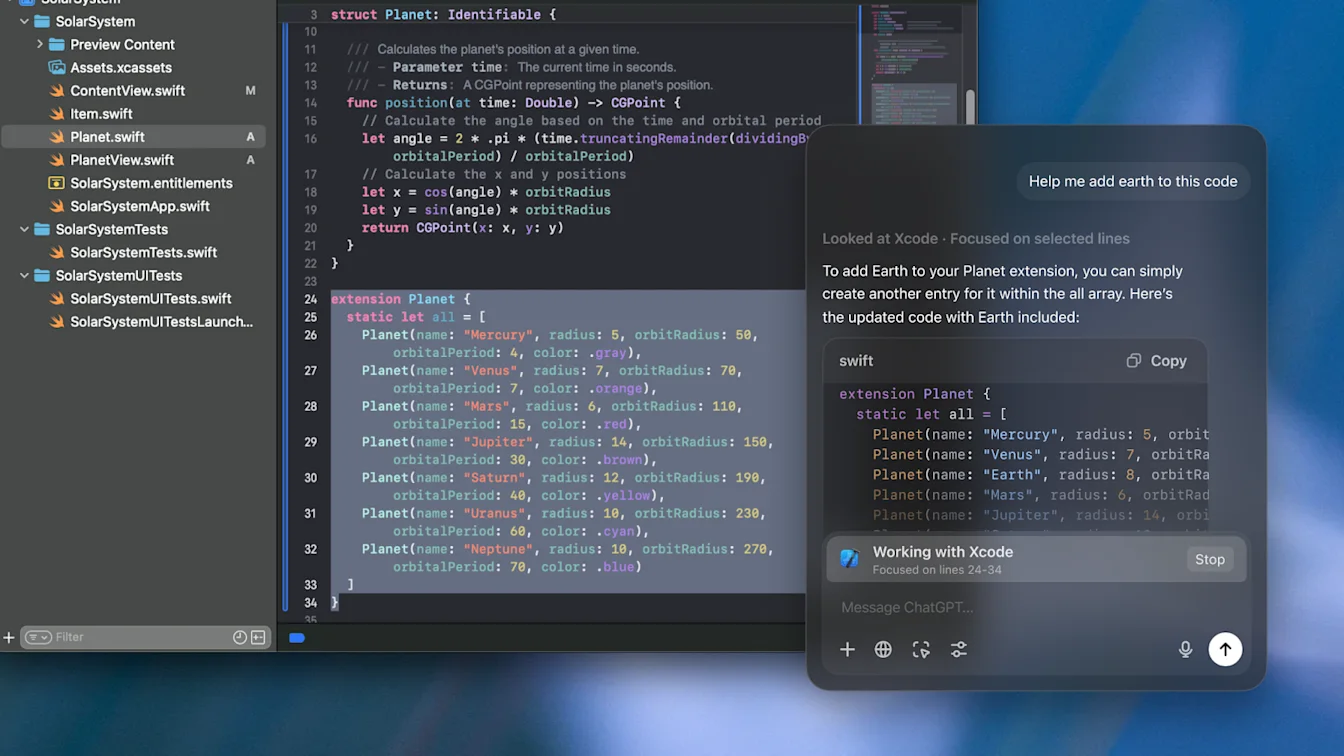 ChatGPT Mac app working with Xcode to suggest code changes for adding Earth to a Swift planet list