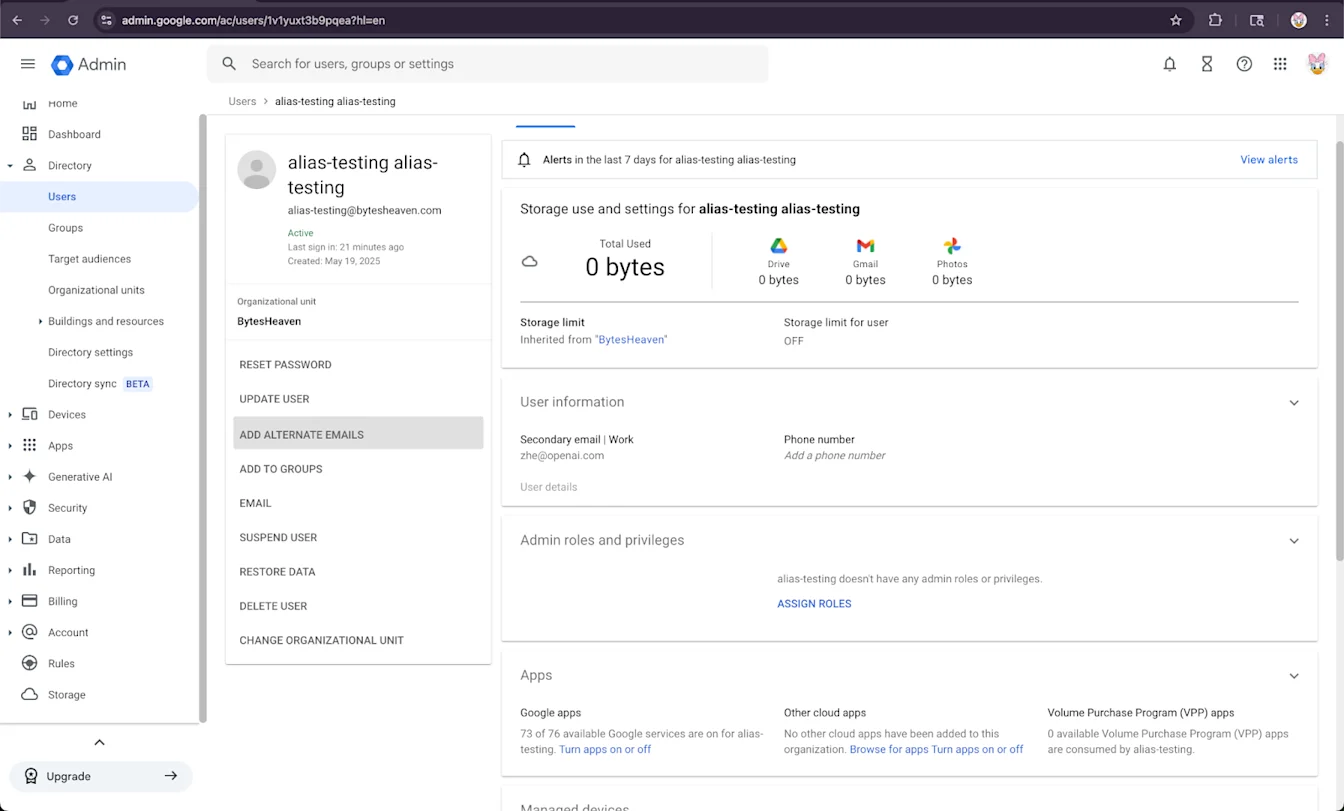 Google Admin user details page with Add alternate emails action highlighted