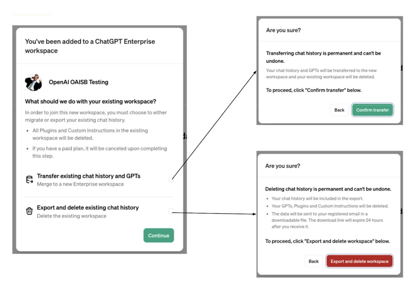 ChatGPT Enterprise invite flow with options to transfer chat history and GPTs or export and delete the old workspace