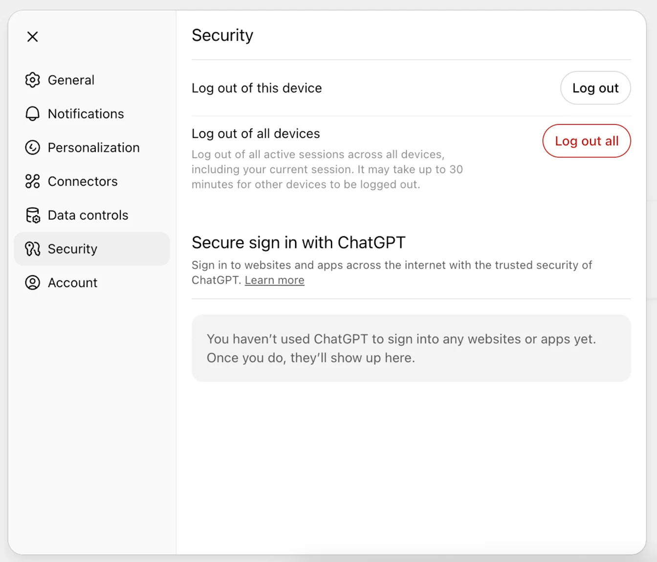 ChatGPT Settings Security page with the Log out all button for signing out of all devices
