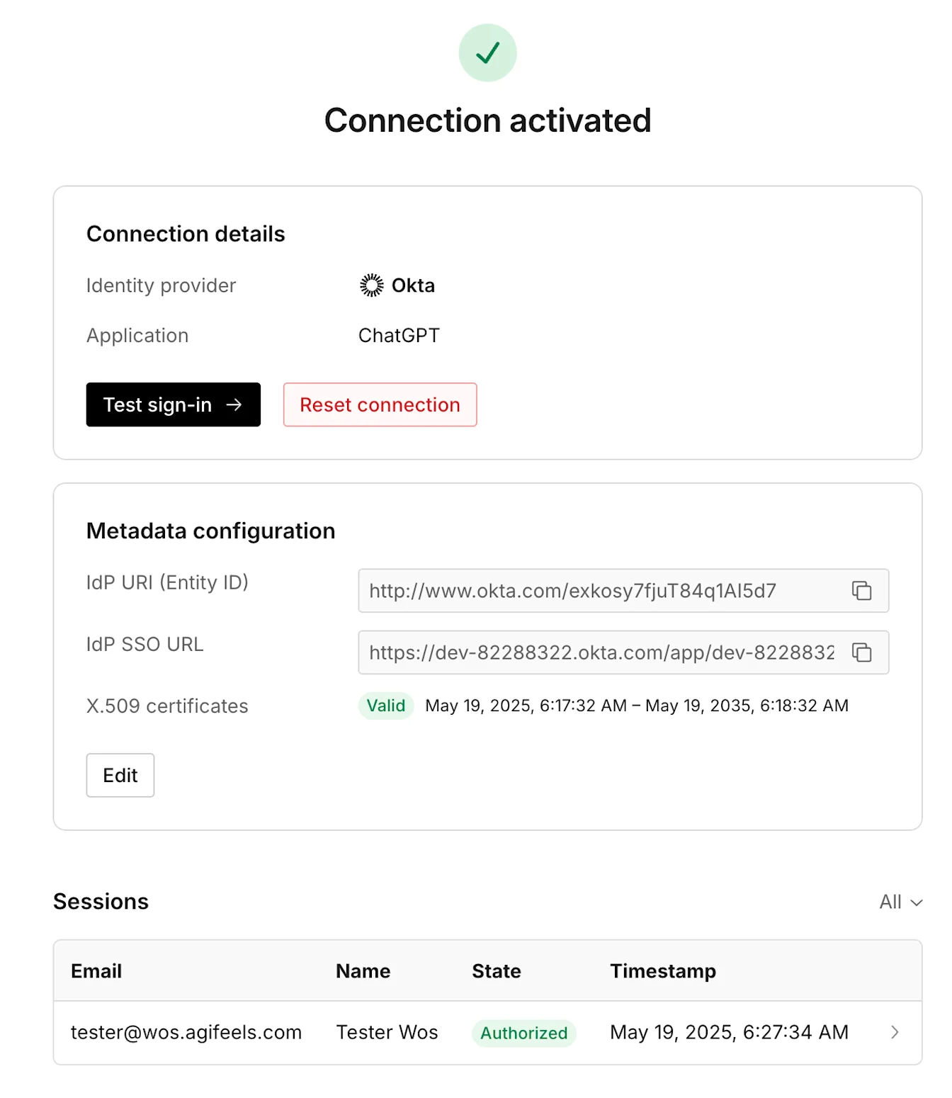Connection activated for ChatGPT with Okta, with test sign-in and valid metadata configuration