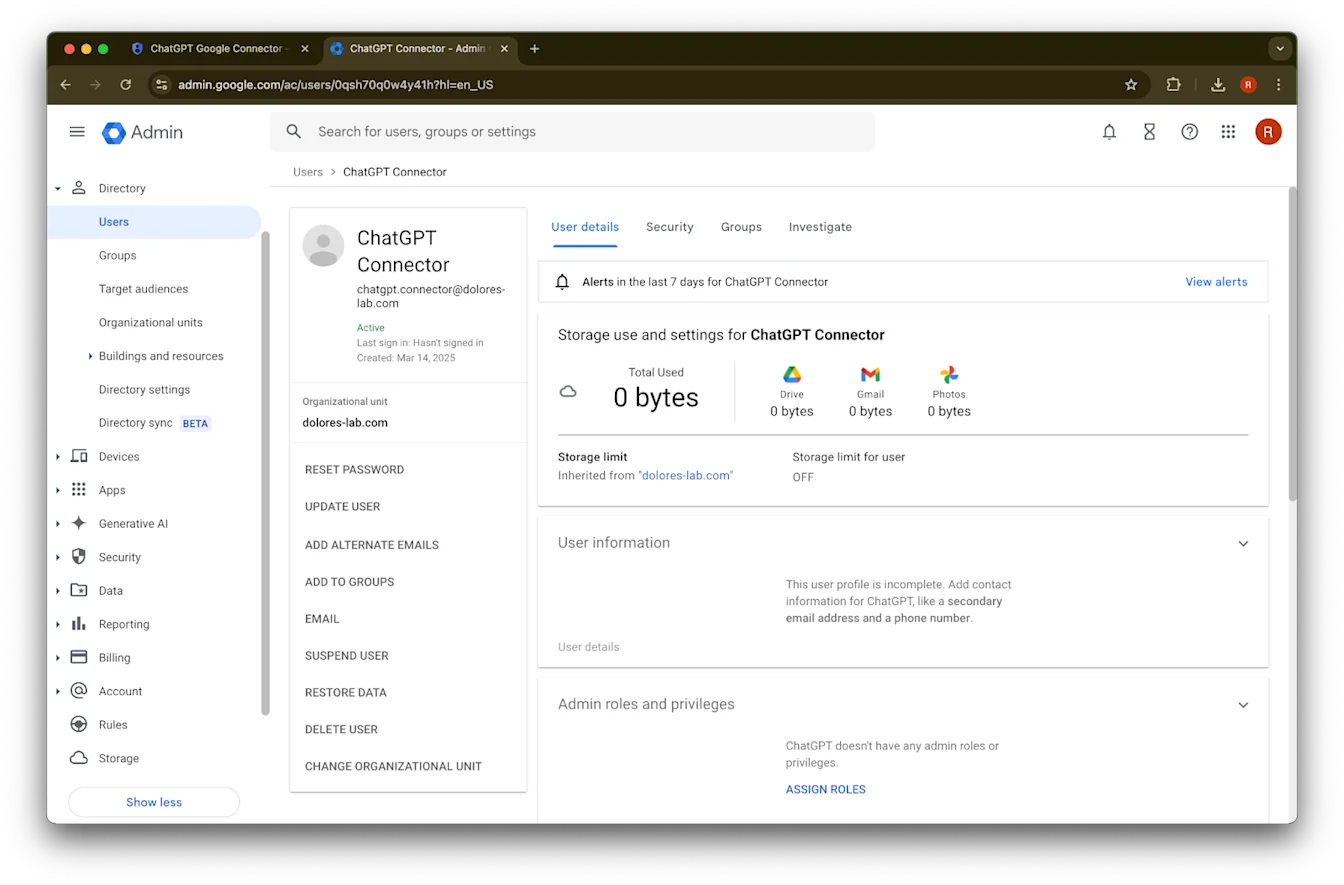 Google Admin user details page for the ChatGPT Connector service account
