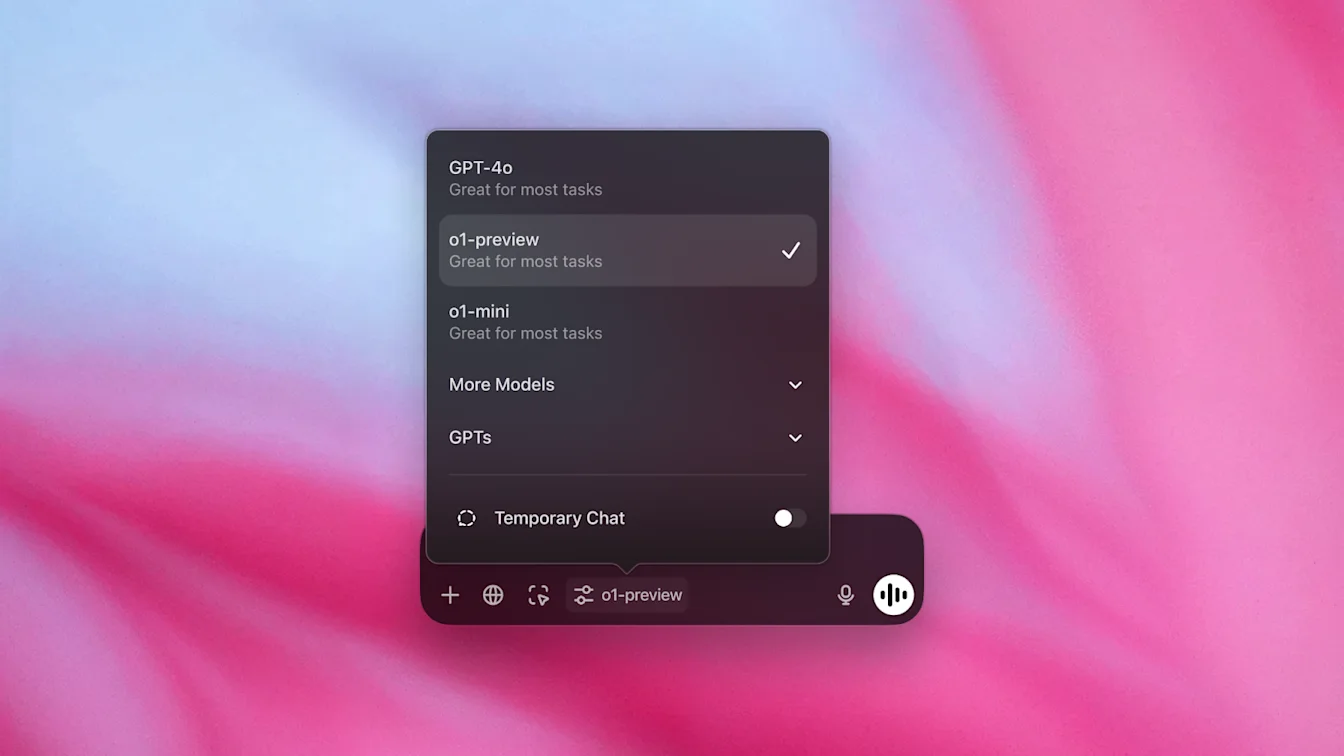 ChatGPT macOS model picker with o1-preview selected and Temporary Chat toggle visible