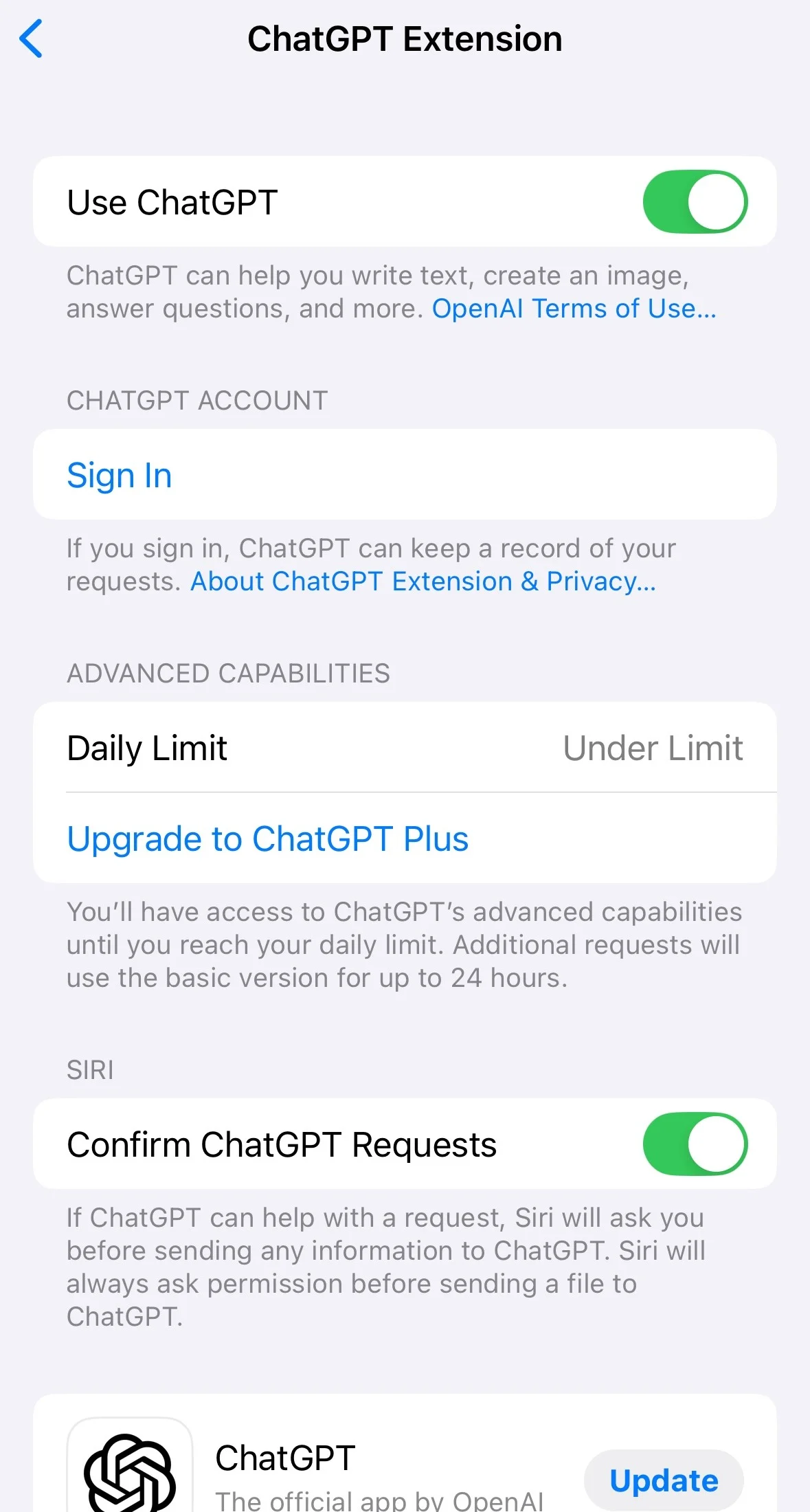 iPhone ChatGPT Extension settings with Use ChatGPT and Confirm ChatGPT Requests turned on