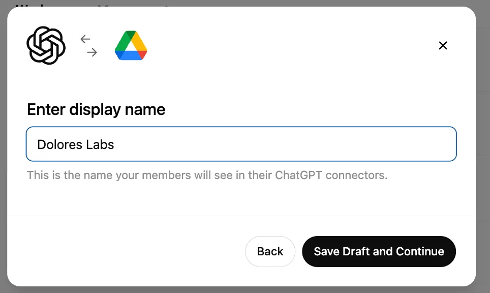 Google Workspace connector setup dialog with display name Dolores Labs entered