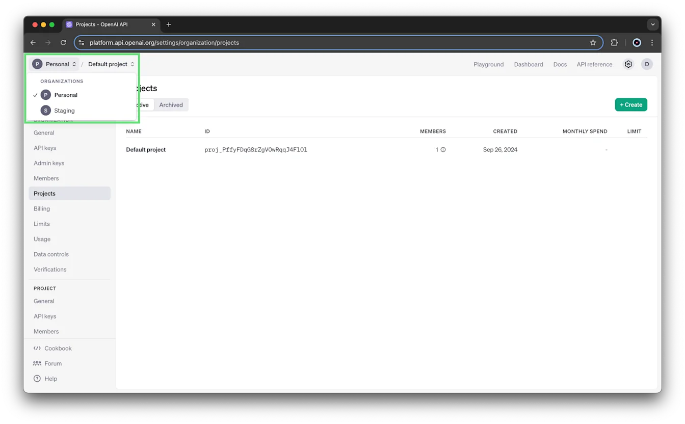 Projects page with the organization switcher open, listing Personal and Staging organizations
