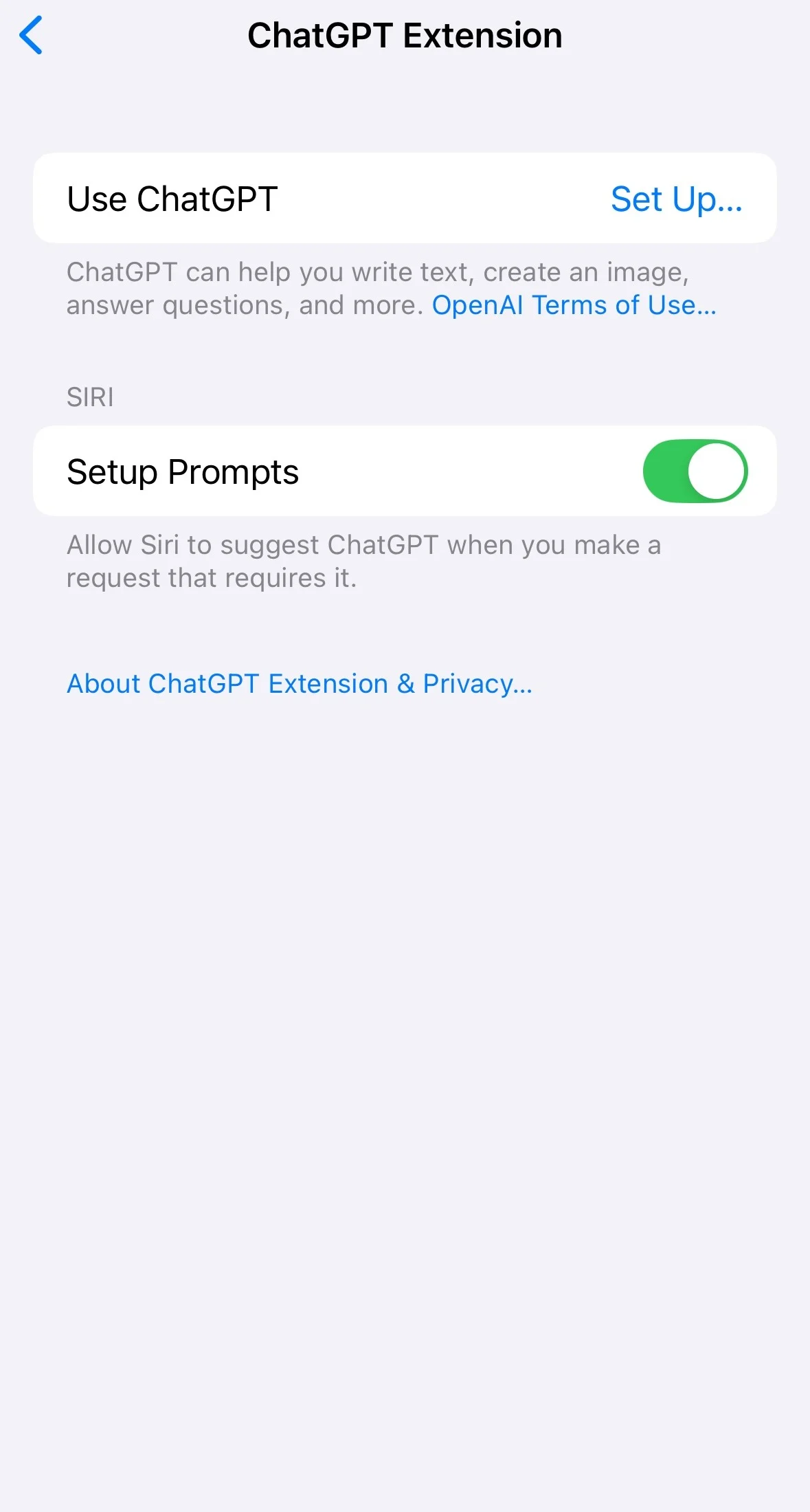 Apple Intelligence ChatGPT Extension settings with Setup Prompts enabled and Use ChatGPT Set Up available