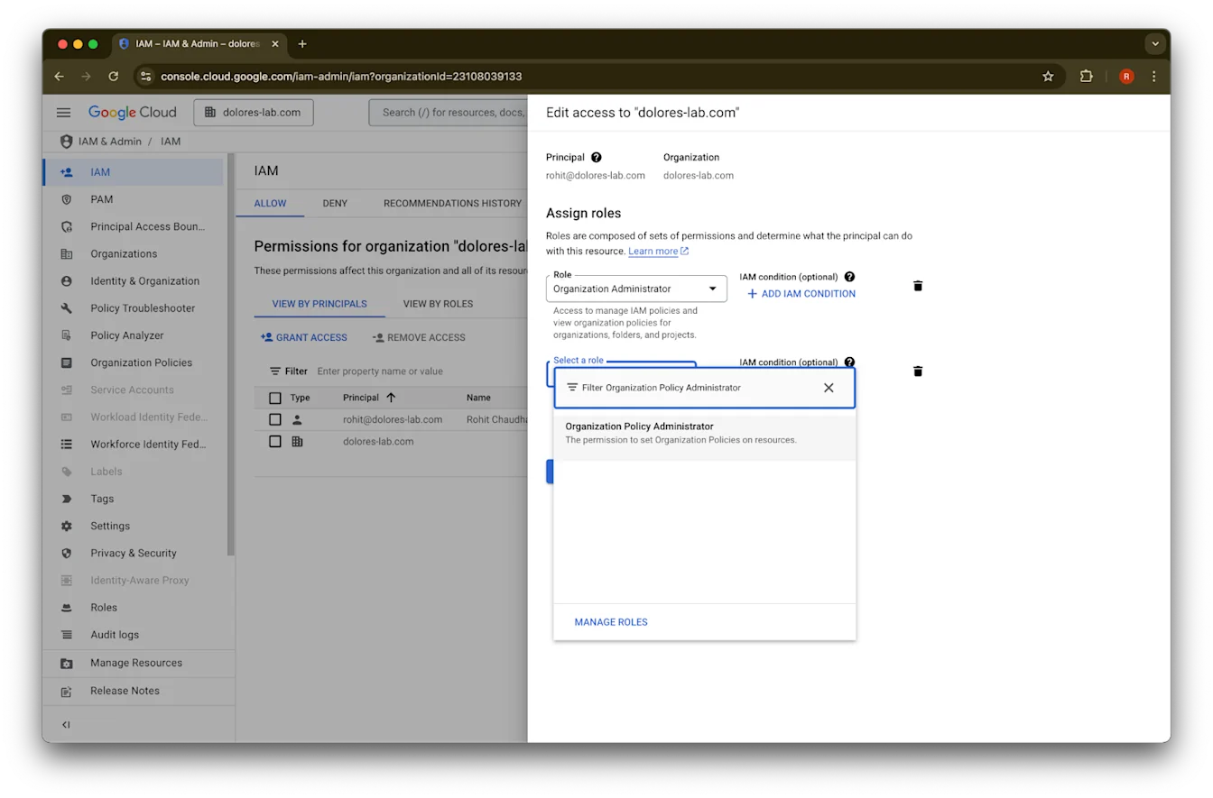 Google Cloud IAM role picker with Organization Policy Administrator selected while editing access