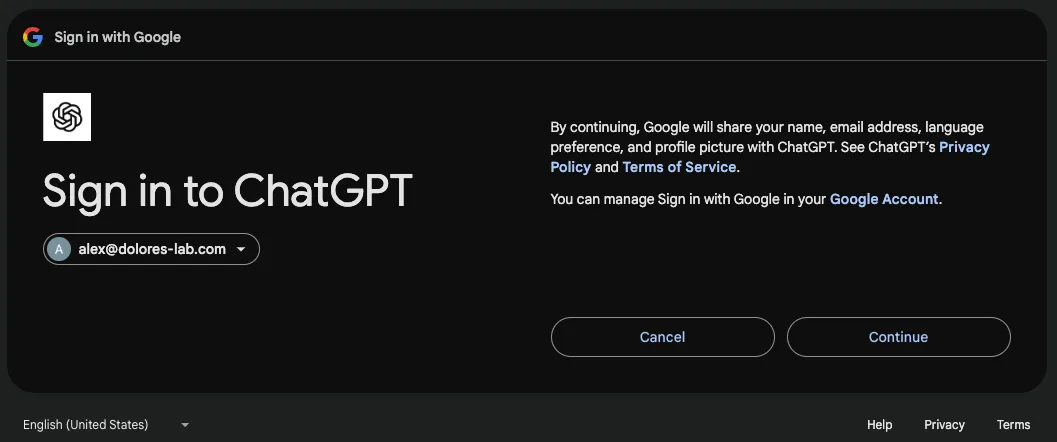 Google Sign in to ChatGPT confirmation page with selected account and Continue button