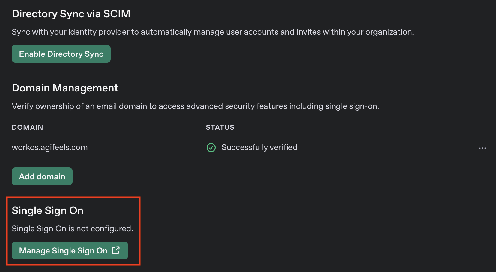 OpenAI admin security settings with a verified domain and Single Sign On not configured